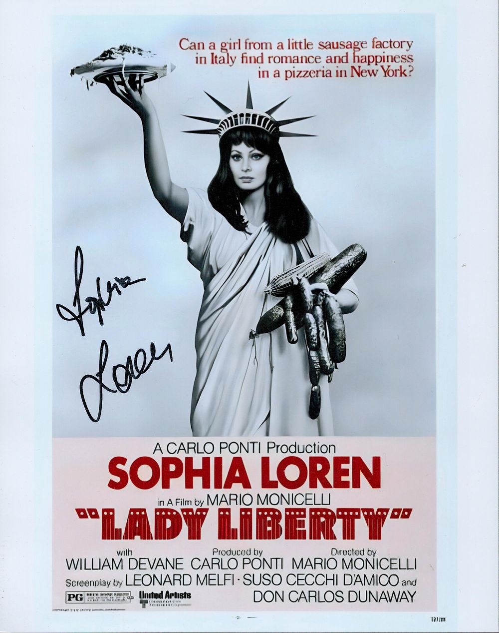 Lot 341: Sophia Loren signed colourised Lady Liberty photo 10x8....