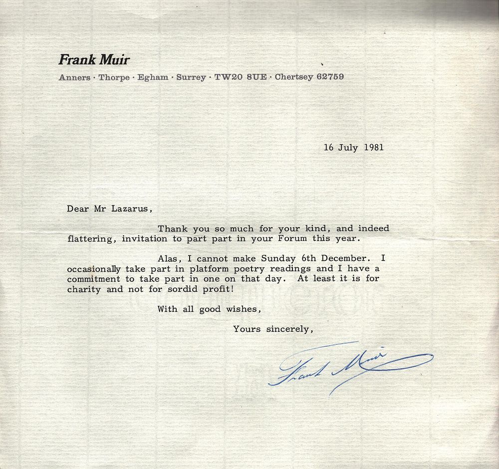 Lot 536: Frank Muir, CBE signed TLS Thank you letter...