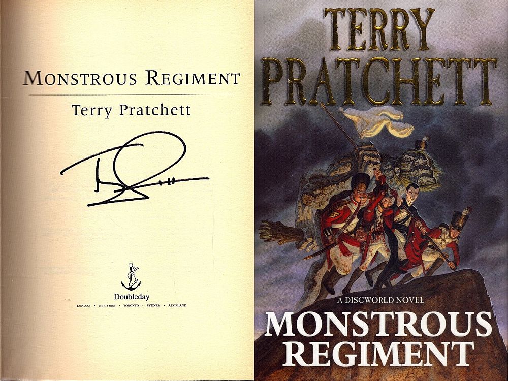 Lot 591: Terry Pratchett signed Monstrous Regiment. Hardback book. Good...