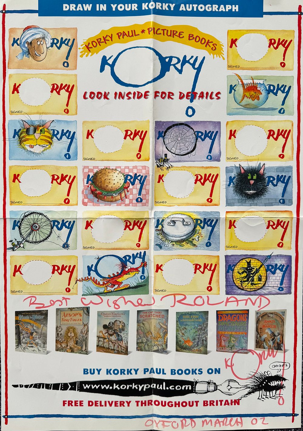 Lot 211: Korky Paul Signed Korky Paul picture books poster,...