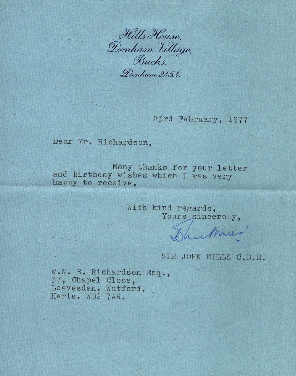 Lot 373: Sir John Mills, CBE TLS Thank you letter...