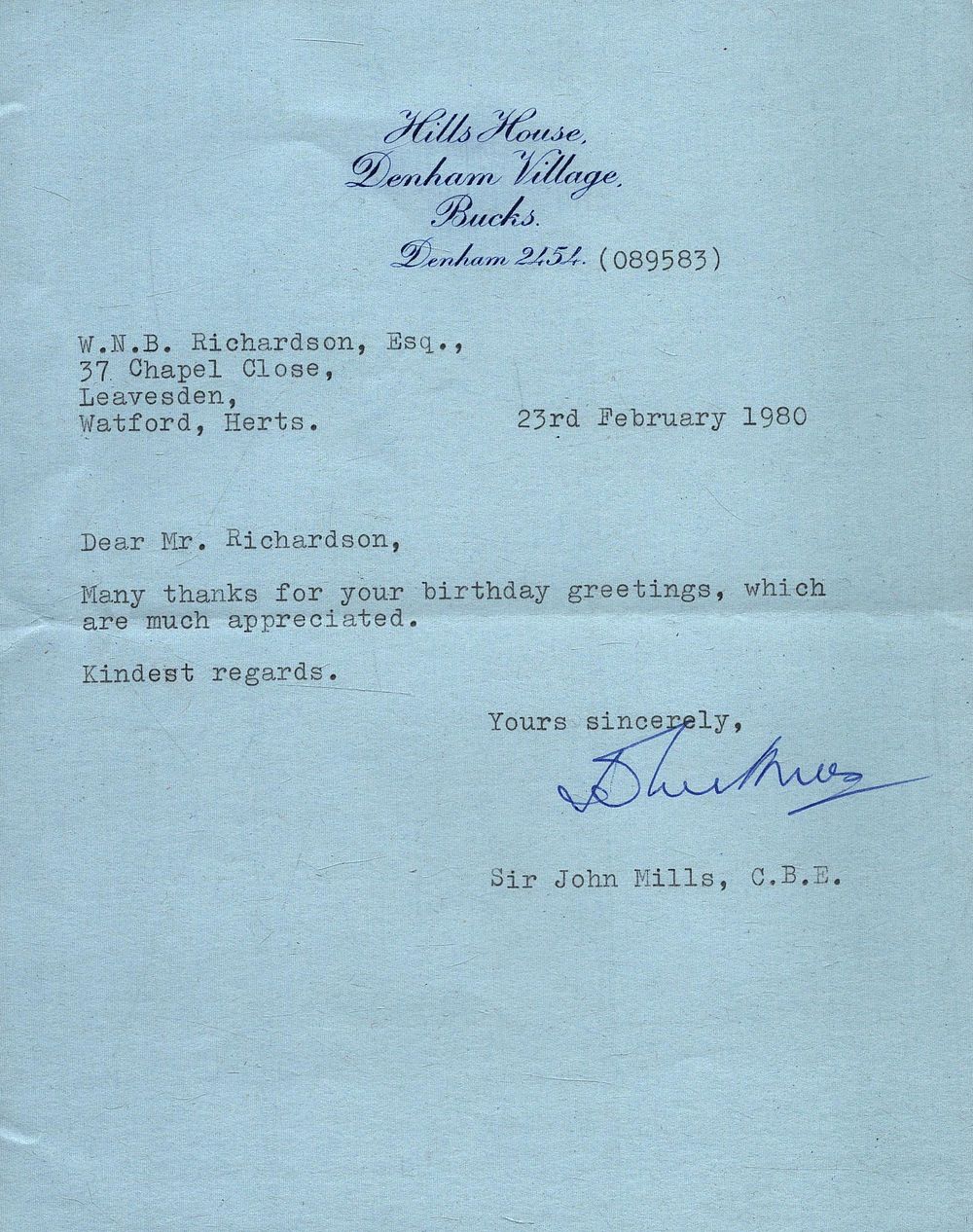 Lot 375: Sir John Mills, CBE TLS Thank you letter...