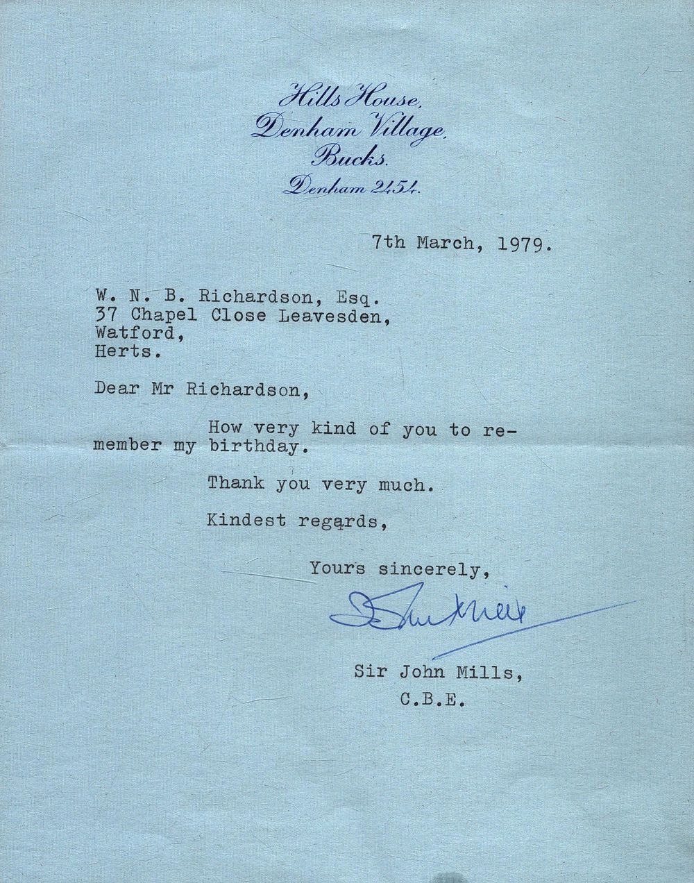 Lot 377: Sir John Mills, CBE TLS Thank you letter...
