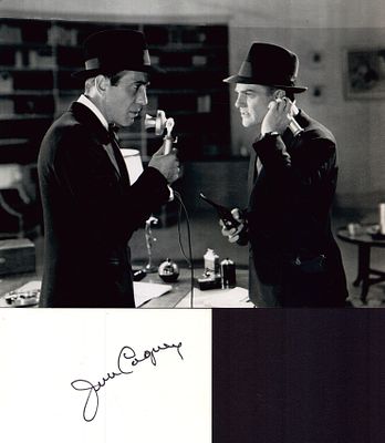James Cagney signed white card with four unsigned 4x4 black and white photos, six micro movie 