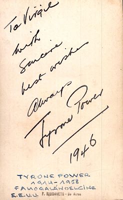 Tyrone Power 1946 signed on reverse of a 5x3 inch black and white portrait. £40.00 Good 
