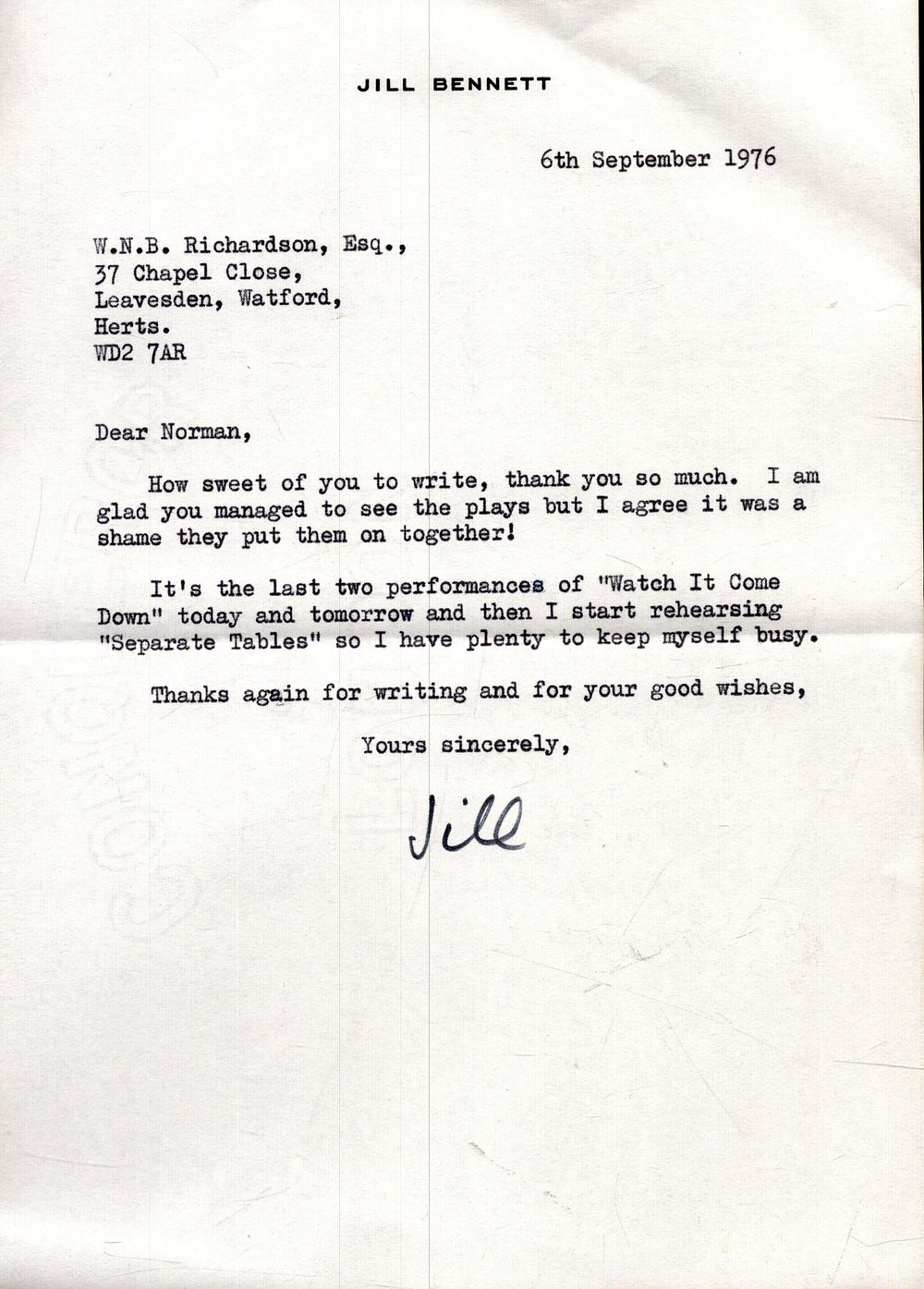 Lot 266: Jill Bennett TLS dated 6/9/1976. Good condition. All...