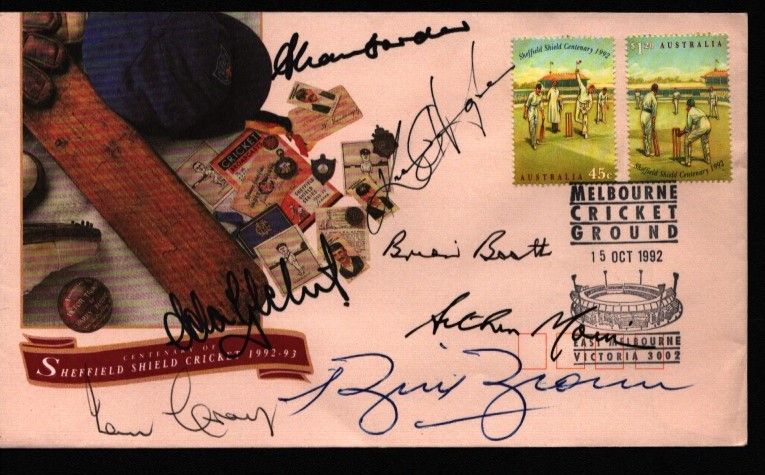 Lot 621: Cricket Sheffield Shield centenary multi signed FDC includes...