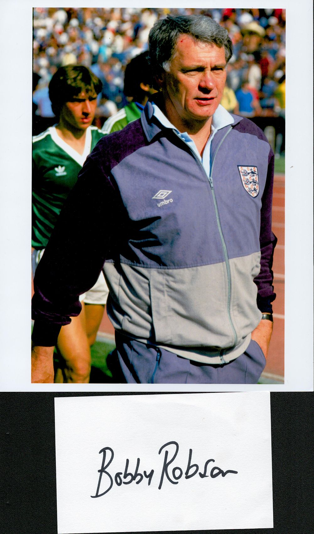 Bobby Robson signed 6x4inch white card with accompanying 10x8inch colour photo pictured while 