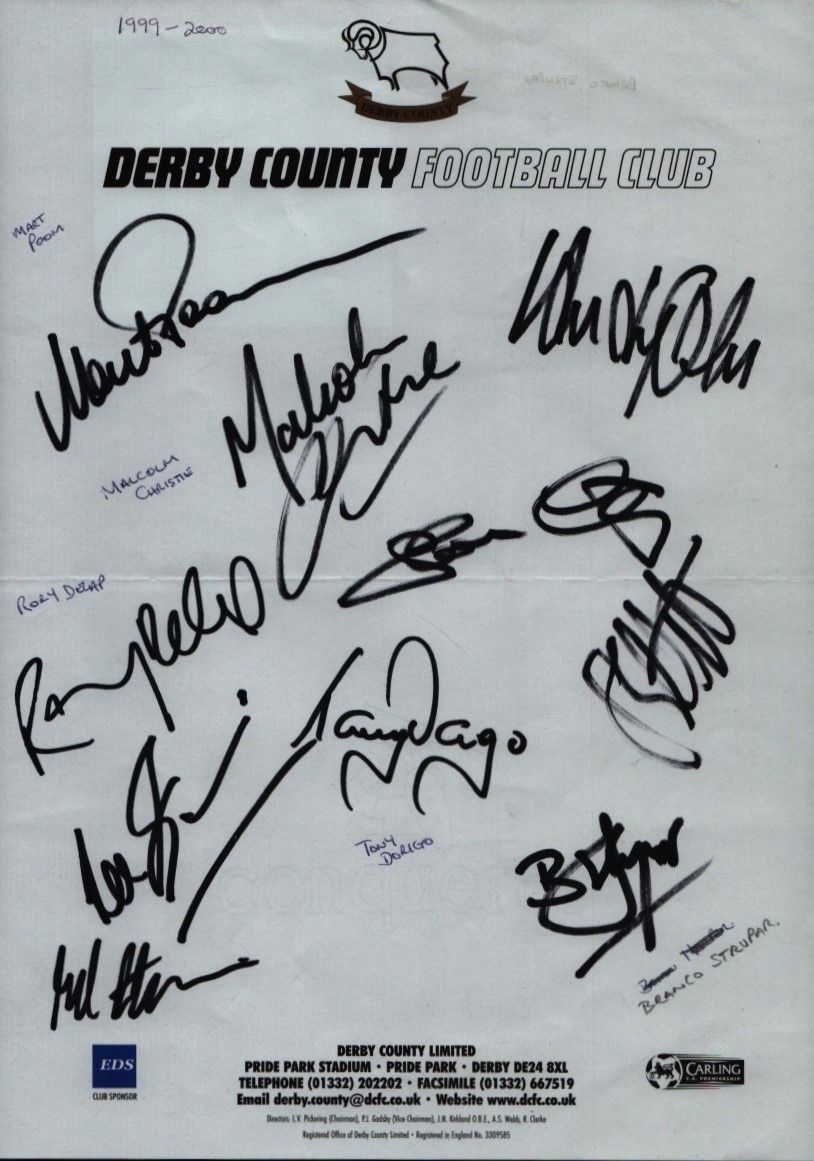 Lot 187: Derby County FC multi signed A4 sheet 1999...