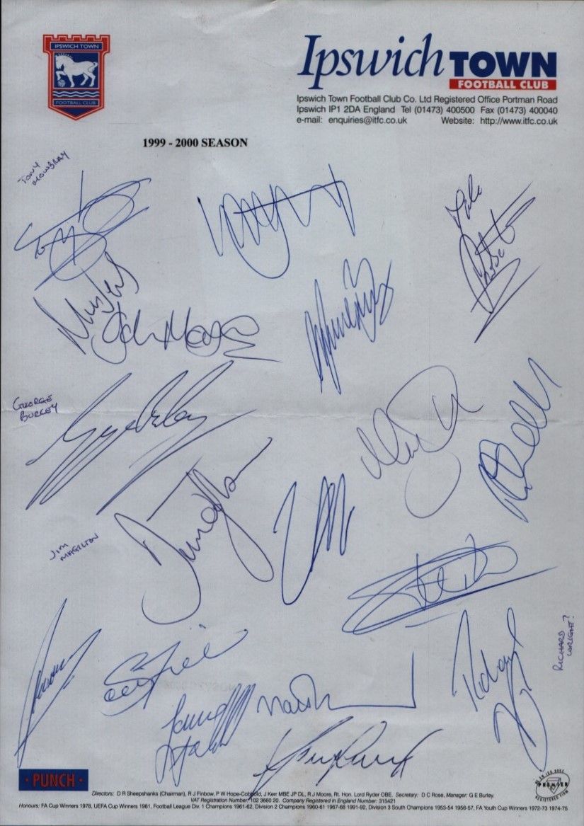 Lot 188: Ipswich Town FC multi signed A4 sheet 199...