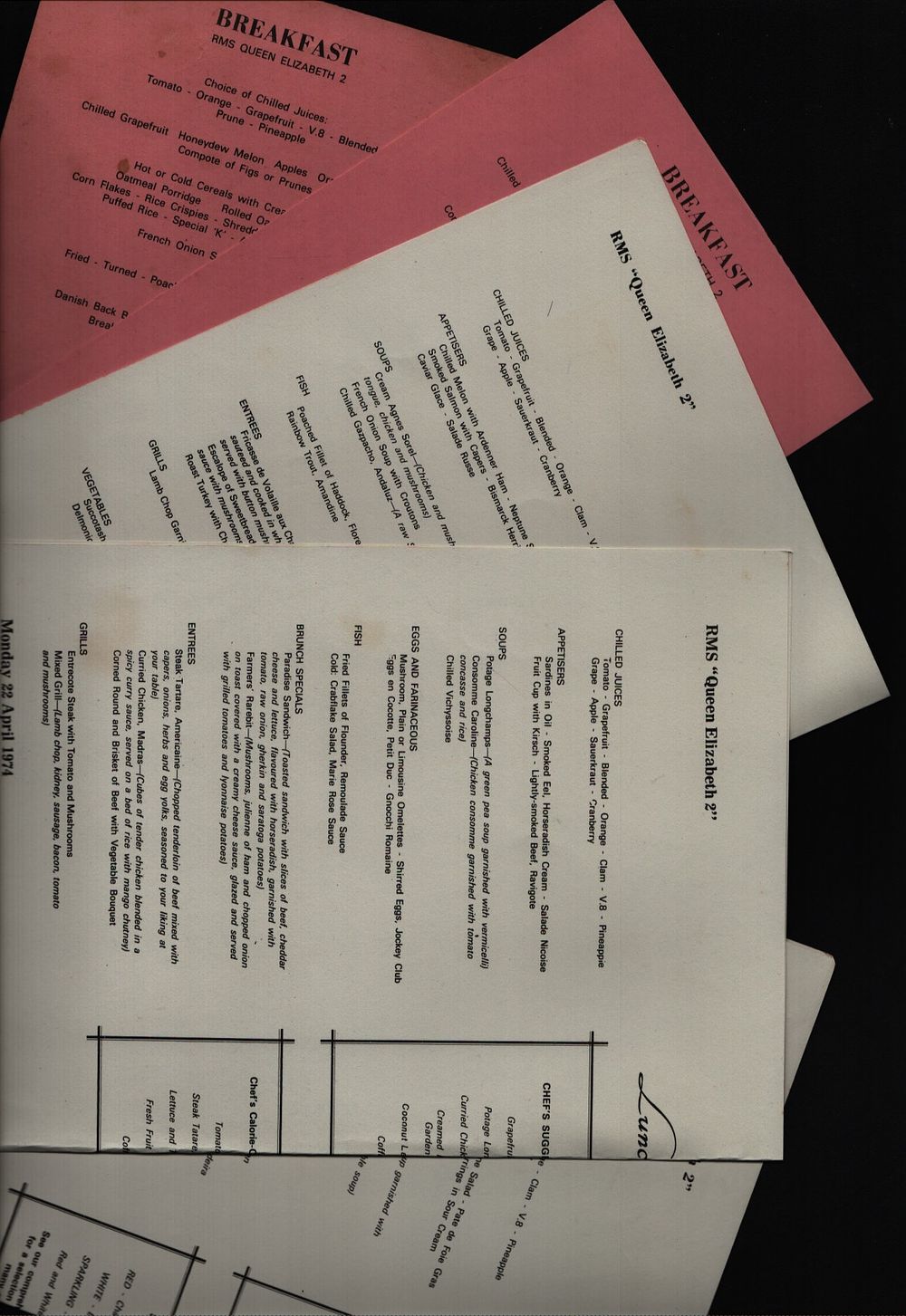 Lot 201: RMS Queen Elizabeth 2 1974 menu collection. Includes...