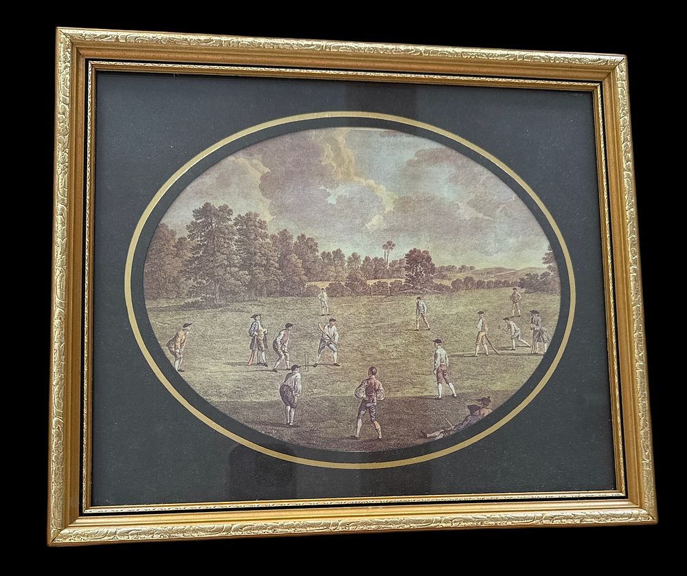 Lot 258: Cricket Art Frame Marg-Le-Bone Fields 1940 coloured print...