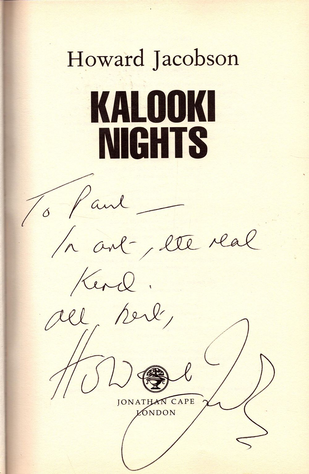 Lot 282: Howard Jacobson signed Kalooki Nights First Edition hardback...