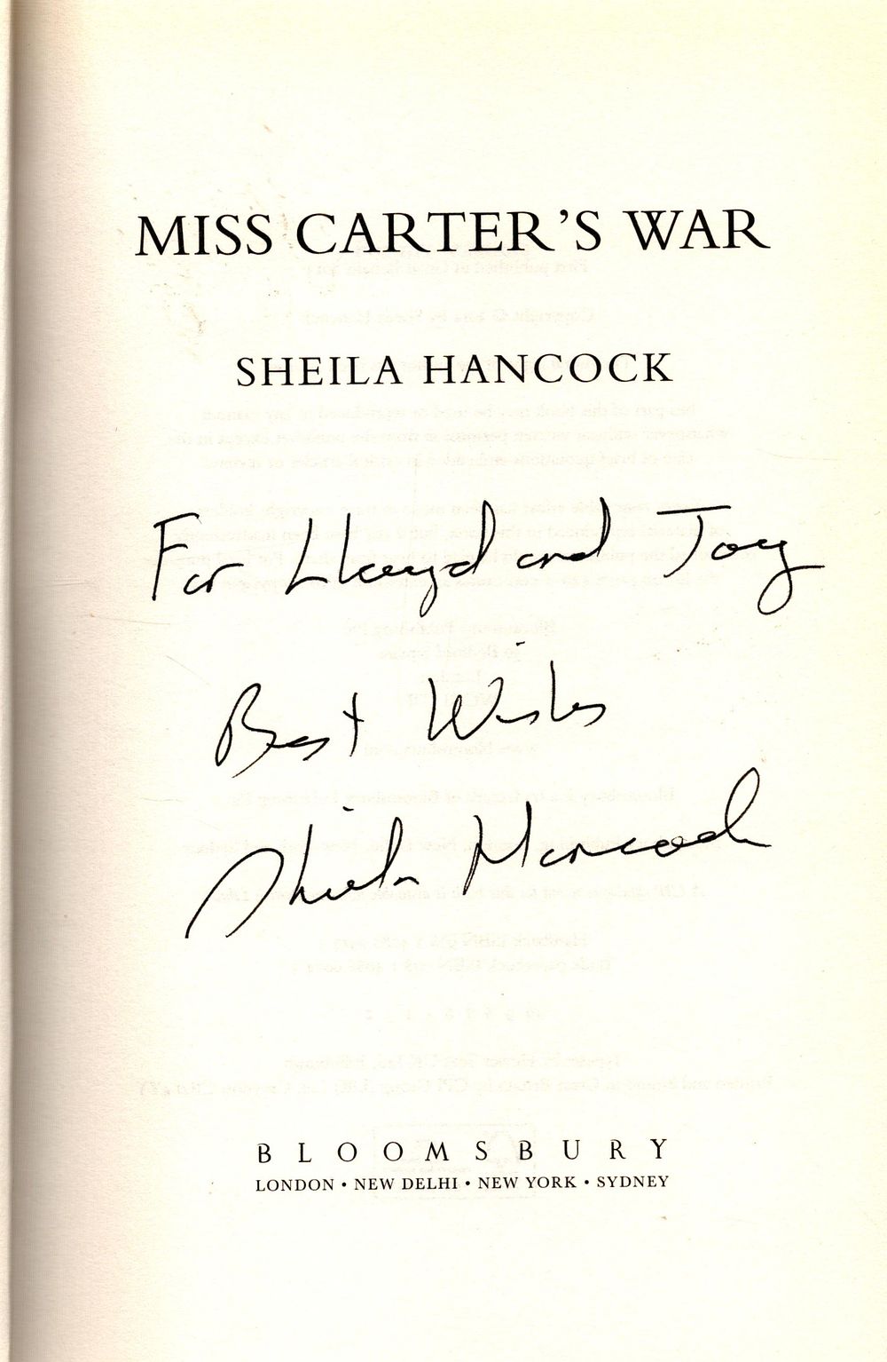 Lot 283: Sheila Hancock signed Miss Carter's War hardback book....