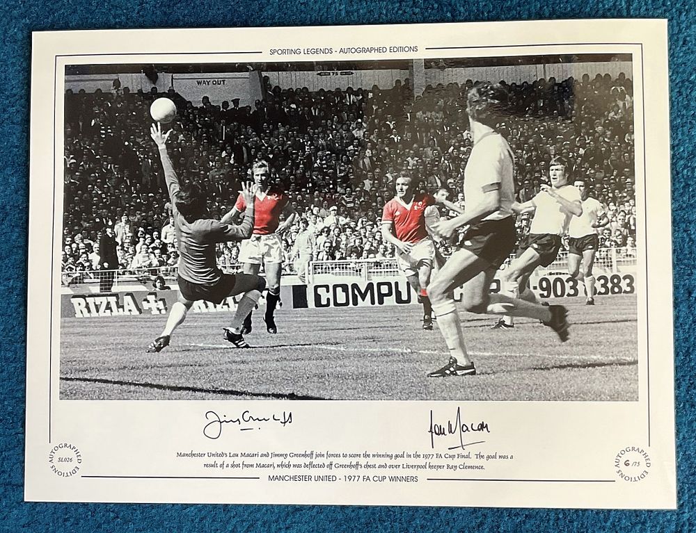 Lot 316: Jimmy Greenhoff and Lou Macari 16x12 signed colourised...
