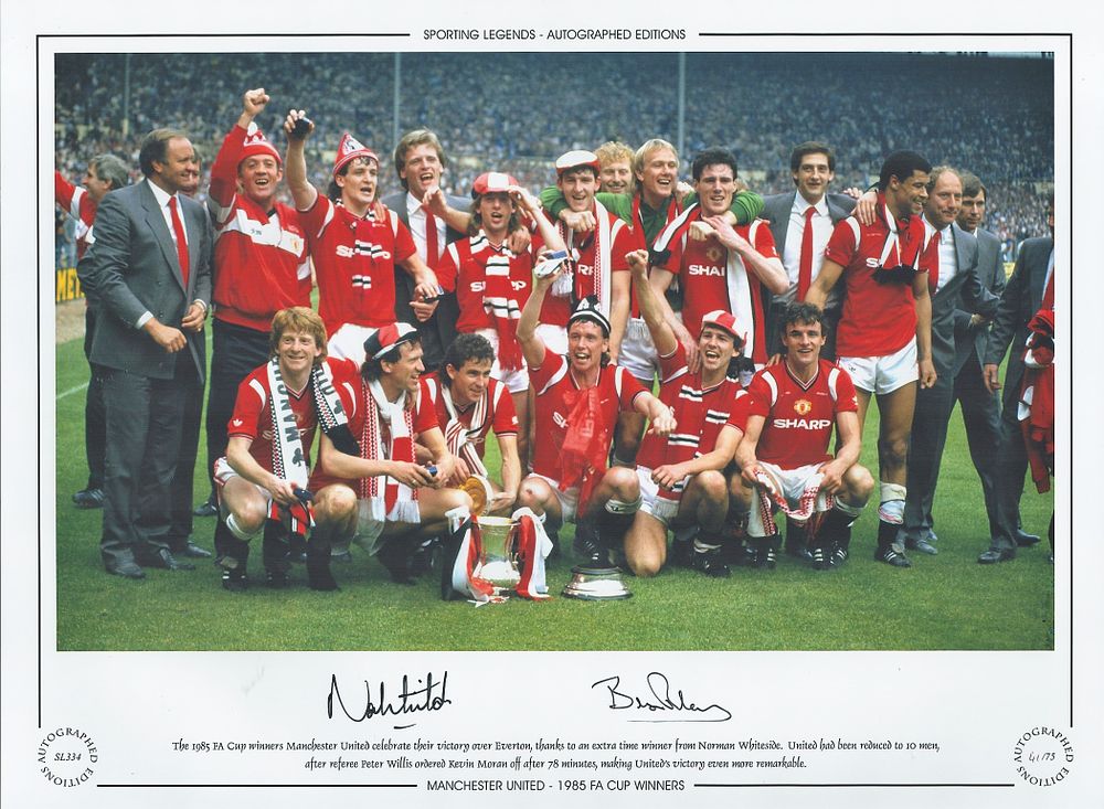 Lot 339: Norman Whiteside & Bryan Robson 16x12 signed Colour...