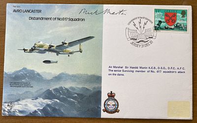 WW2 Dambuster pilot Sir Harold Mick Martin DSO DFC AFC signed Lancaster Bomber flown RAF cover. 