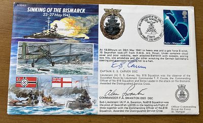 WW2 Sinking of the Bismarck 50th ann cover signed two action veterans. Sinking of The Bismarck. 