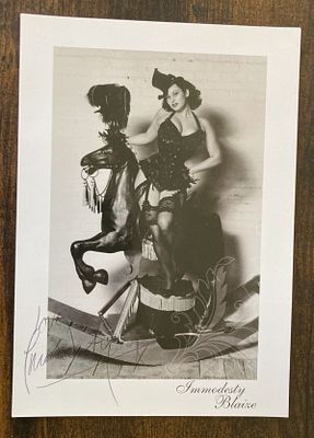 Immodesty Blaize signed sexy outfit 8 x 8 inch b/w photo. She is an English burlesque dancer 