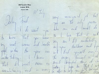 Margot Fonteyn ALS to Sir Frederick Ashton wishing him luck. 2 page letter.