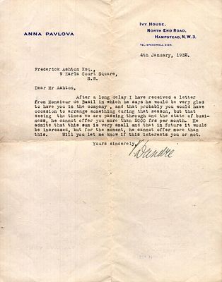 Victor Dandre TLS to Sir Frederick Ashton. Russian diplomat husband of Anna Pavlova.