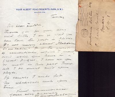 Tamara Karsavina ALS with mailing envelope to Sir Frederick Ashton. Russian ballerina.