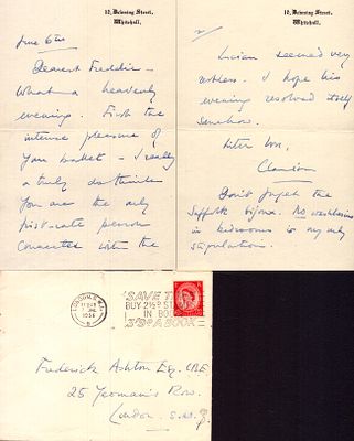 Clarissa Edan ALS with mailing envelope on Downing St paper to Sir Frederick Ashton regarding 