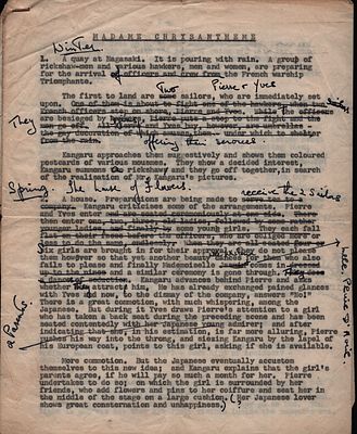Sir Frederick Ashton's personal 3 page typescript of Madame Chrysantheme. Corrected in pen by 