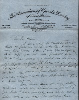 Adeline Genee ALS to Sir Frederick Ashton. Ballet dancer.