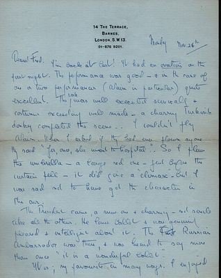 Ninette de Valois personal 2 sided letter rich in ballet content to Sir Frederick Ashton. 