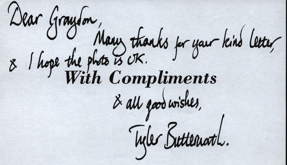 Lot 176: Tyler Butterworth signed 5x3inch white card. Dedicated.