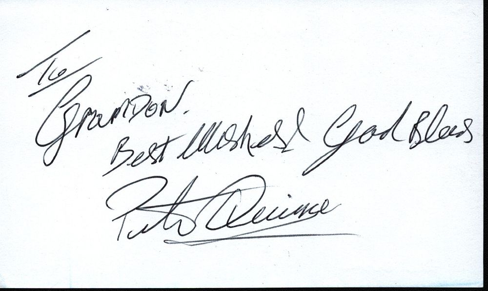 Lot 178: Peter Quince signed 5x2inch white card. Dedicated.