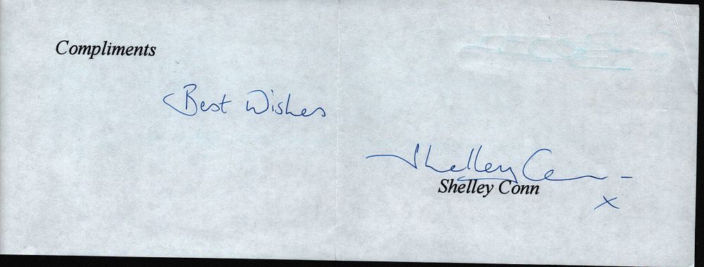 Lot 179: Shelley Conn signed compliment slip.