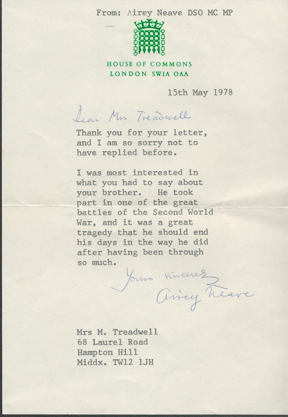 Lot 361: Airey Neave TLS on House of Commons notepaper.