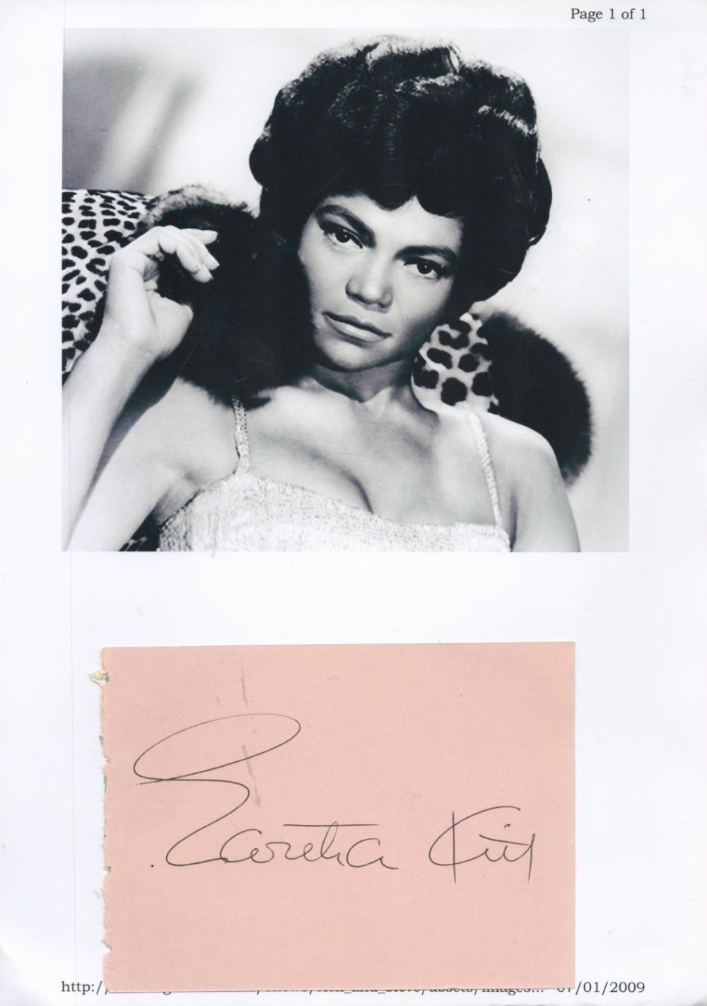 Lot 37: Eartha Kitt signed 5x4 album page. Eartha Kitt...