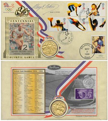 Mary E. peters signed 1972 Olympics Gold Medal FDC. Date stamp May 2nd, 1996. Good condition. 