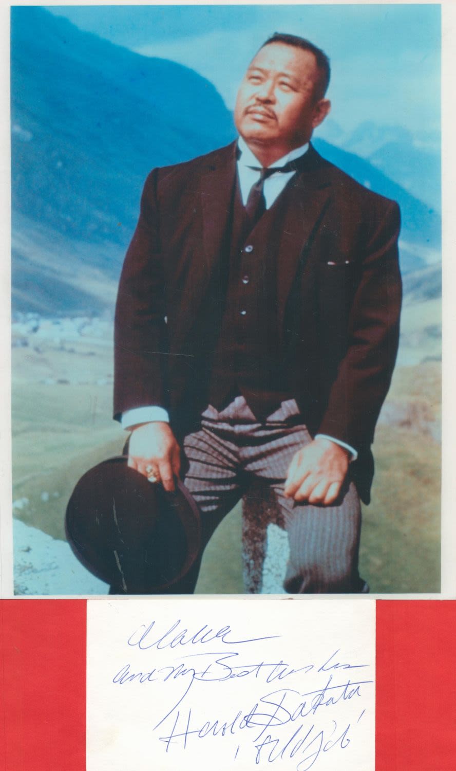 Lot 67: Harold Sakata signed 5x3 album page and 10x8...