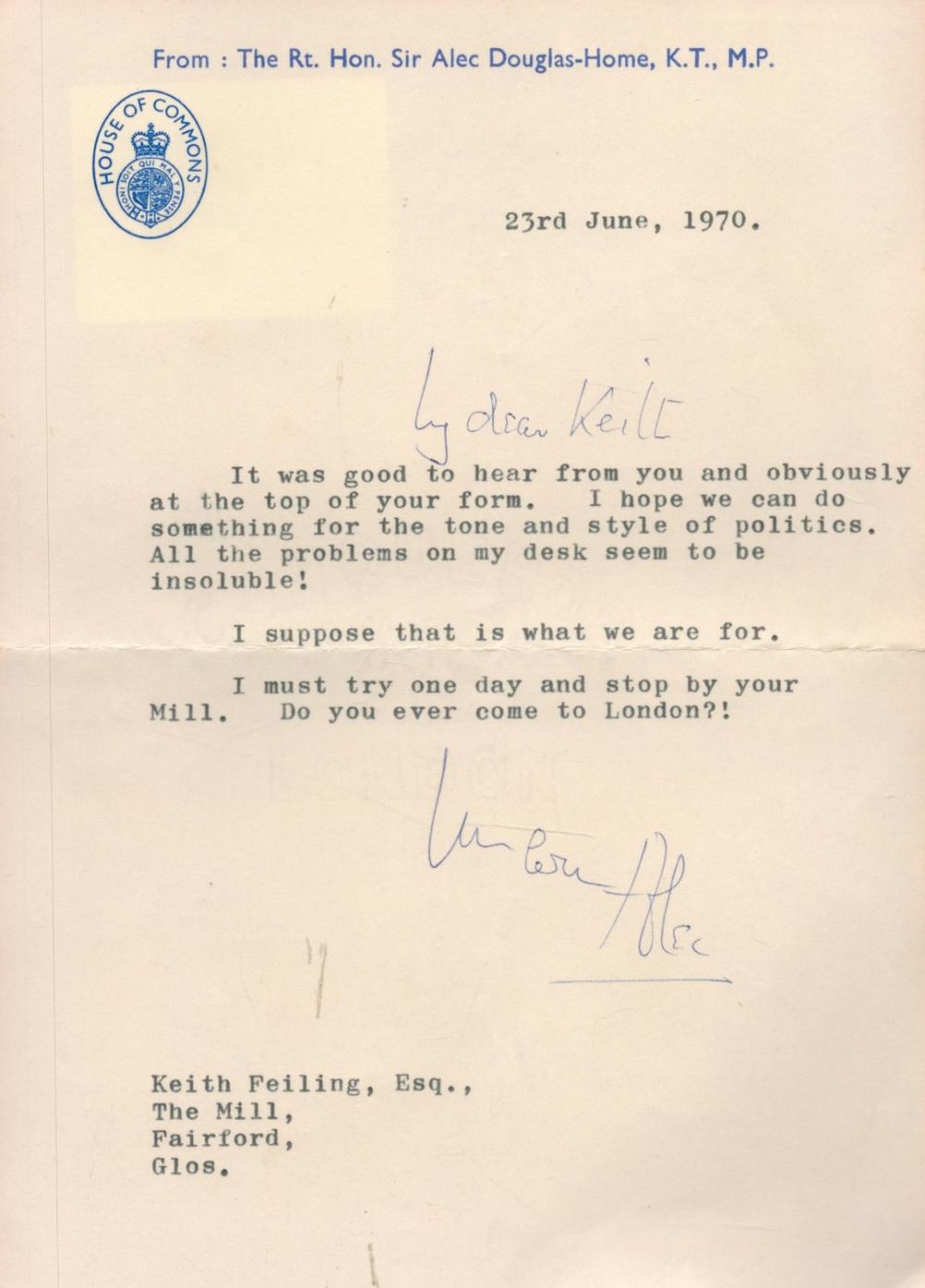 Lot 149: Alec Douglas Home TLS dated 23rd June 1970...
