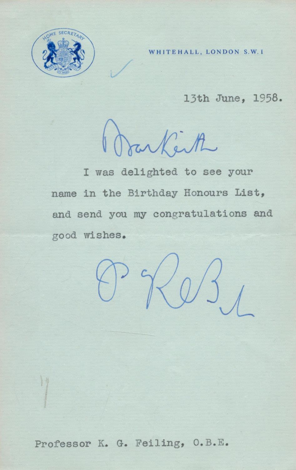 Lot 150: Rab Butler TLS dated 13th June 1958 addressed...