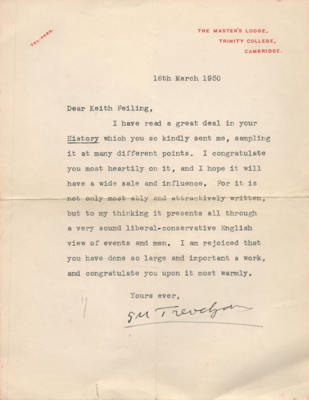 Lot 152: George Macaulay Trevelyan TLS dated 16th March 1950...