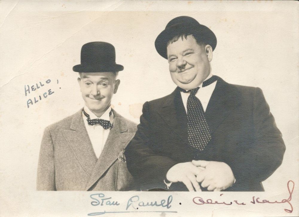 Lot 160: Laurel and Hardy signed 7x5 vintage black and...
