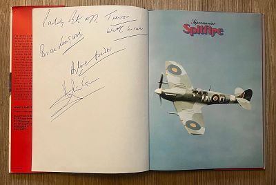 WW2 RAF aces Douglas Bader, Kingcome, Barthropp, Whitehouse signed Supermarine Spitfire book by 