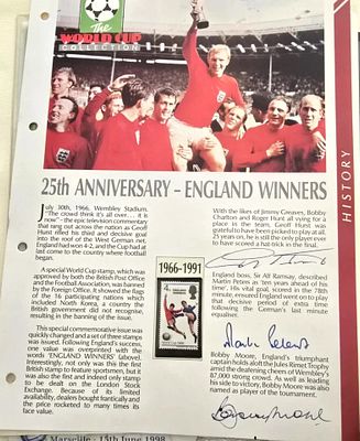 Football Bobby Moore 1966 World Cup Geoff Hurst, Martin Peters signed Masterfile A4 page. Nice 
