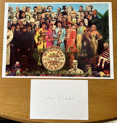 Beatles Sgt Pepper Artist Peter Blake signed white card along with 12 x 8 inch colour Sgt 