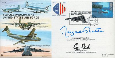 Prime Minister Margaret Thatcher and former US President George Bush signed 50th Anniversary of 