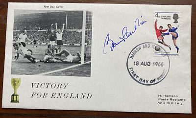Bobby Charlton signed RARE 1966 World Cup England Winners FDC rare Harrow Wembley FDI postmark. 