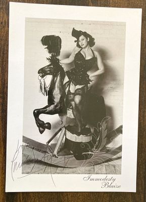 Immodesty Blaize signed sexy outfit 8 x 8 inch b/w photo. She is an English burlesque dancer 