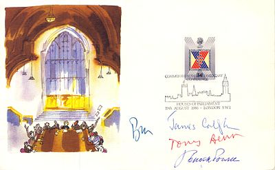 Tony Benn, Francis Pym and others signed House of Parliament Aug 1986 FDC.