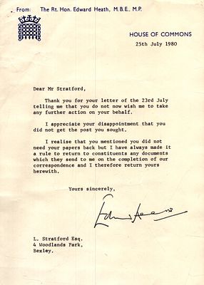 Edward Heath signed letter of correspondence , July 1980.