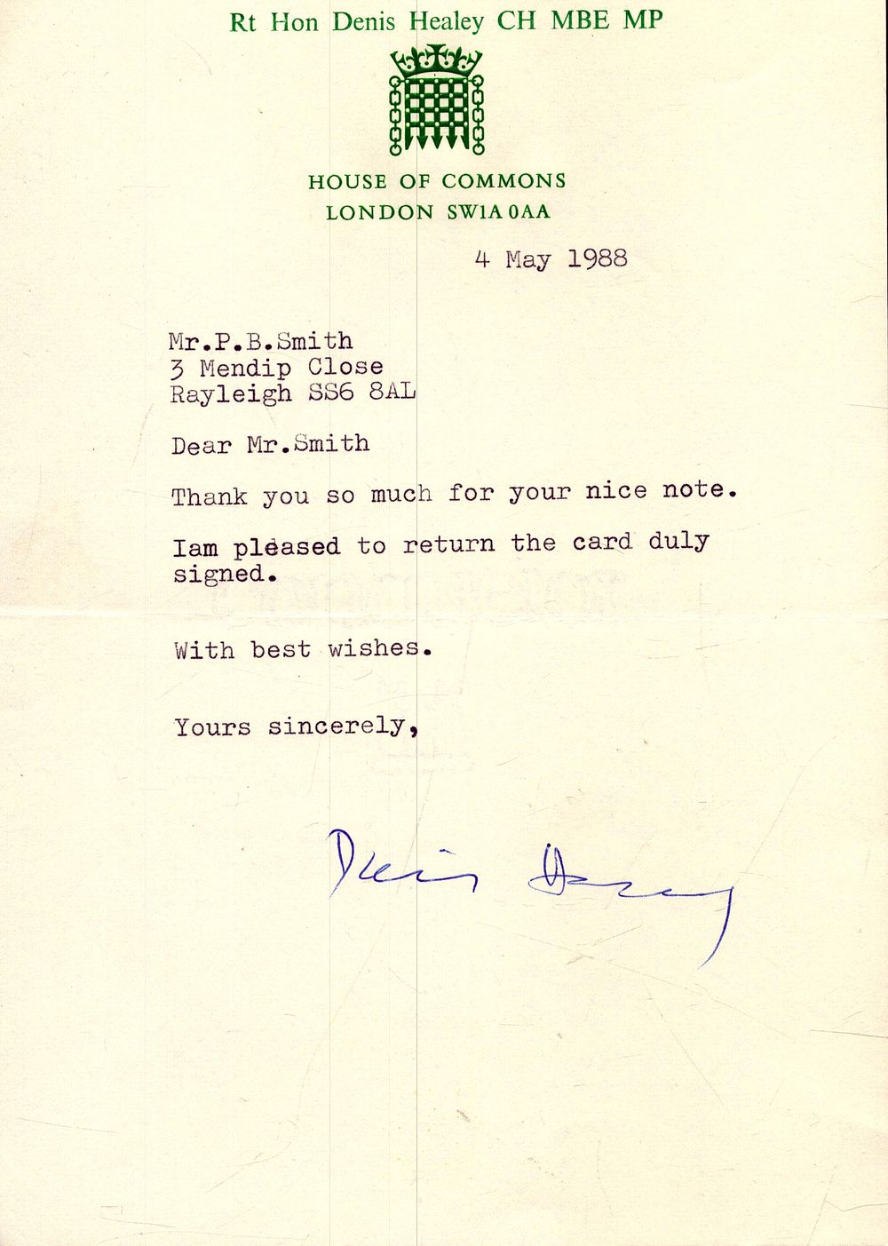 Lot 212: Rt Hon Denis Healey signed corresponding letter, 4th...
